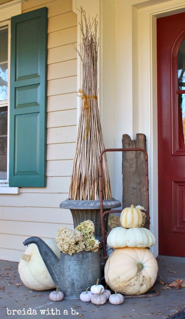 10 Fall Front Porch Decorating Ideas by A Blissful Nest - This front porch fall decor is so subtle and simplistic but still makes a beautiful statement with pumpkins and neutral colored flowers paired with that beautiful red door. 