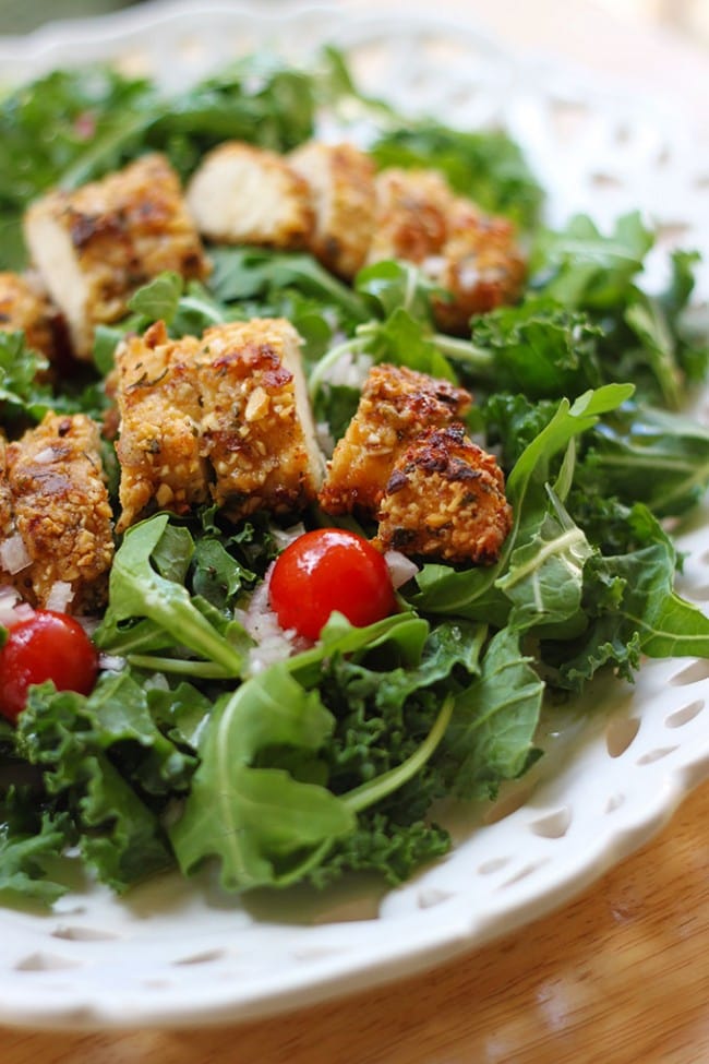 Kale and Arugula Salad with Almond Breaded Chicken  and Champagne Vinaigrette