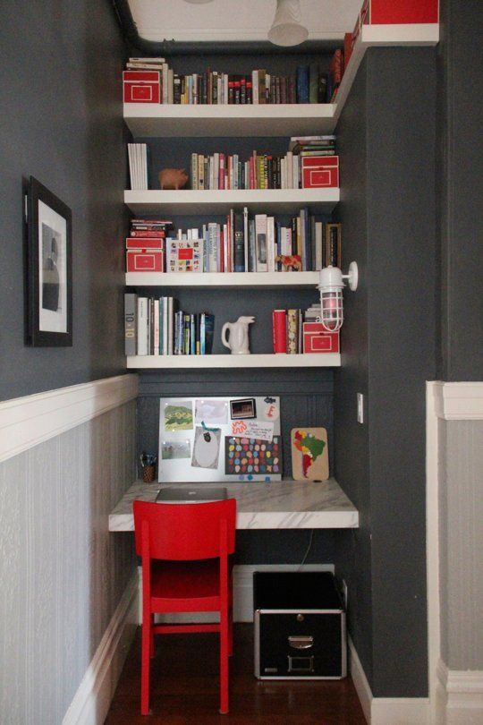 Move your storage up top for a small home office to keep the floor less cluttered