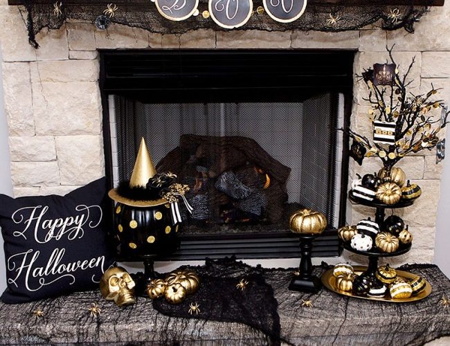 Black &amp; Gold Halloween Mantel Ideas by Lillian Hope designs