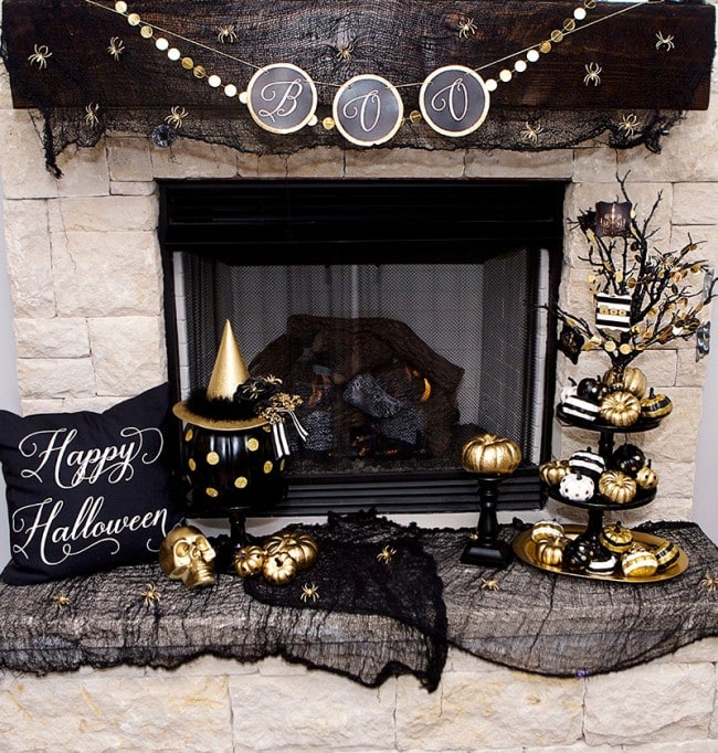 Black & Gold Halloween Mantel Ideas by Lillian Hope Designs