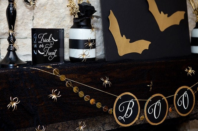 Black & Gold Halloween Mantel Ideas by Lillian Hope Designs