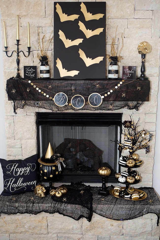 Black & Gold Halloween Mantel Ideas by Lillian Hope Designs