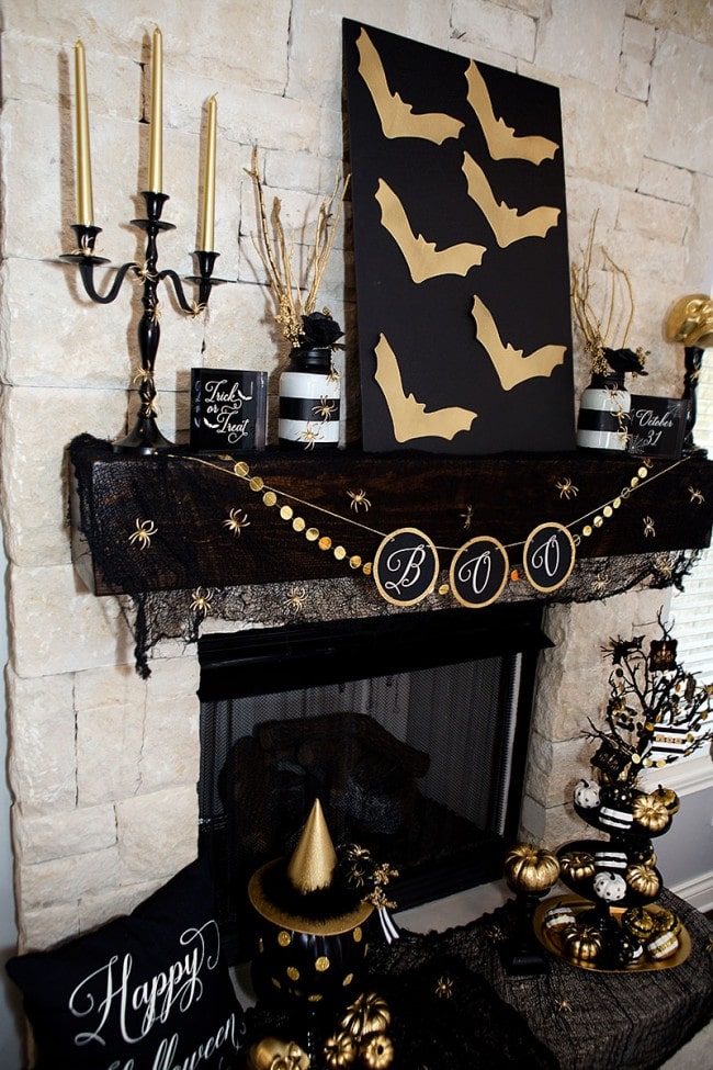 Black & Gold Halloween Mantel Ideas by Lillian Hope Designs