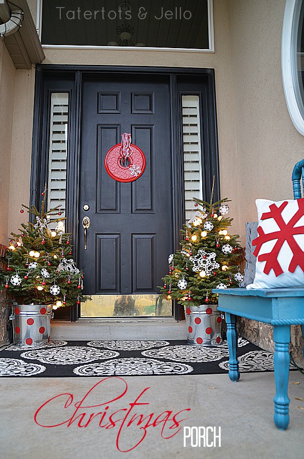 Tatertots and Jello Christmas Porch, DIY wreath, Polka Dot Tin Planters, Snowflake Pillow - Christmas porch ideas from A Blissful Nest