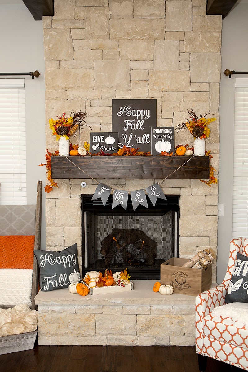 Chalkboard touches and fall colors make this a perfect Fall Mantel!