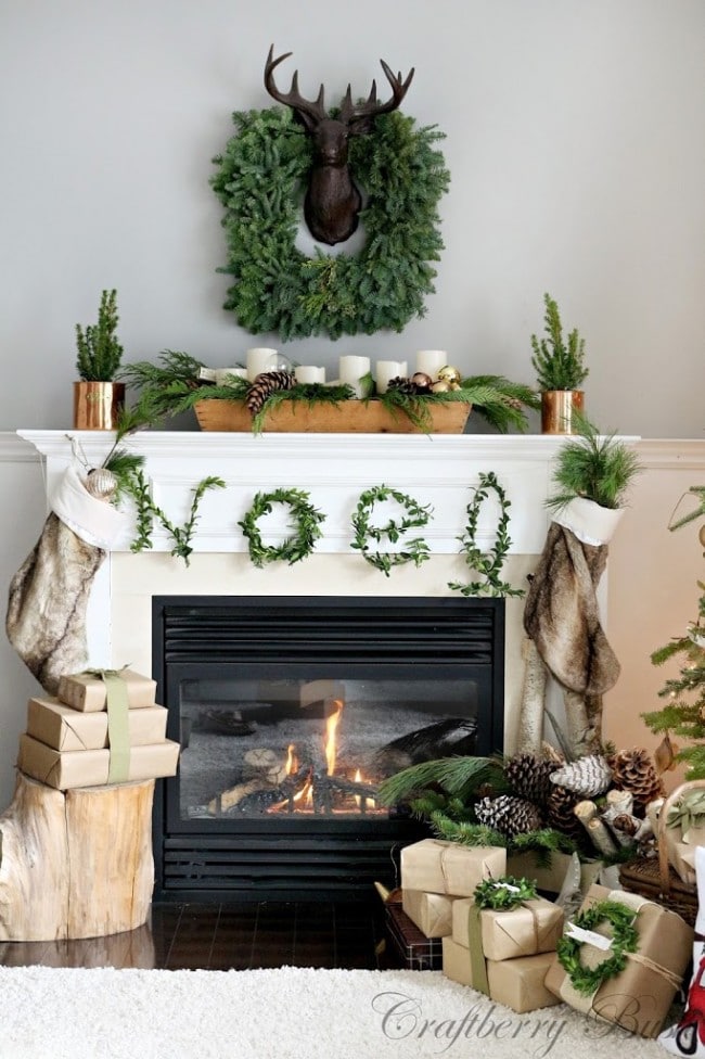 Christmas mantels - rustic mantel decor with green pine wreaths and garlands - Christmas Mantel Craftberry Bush