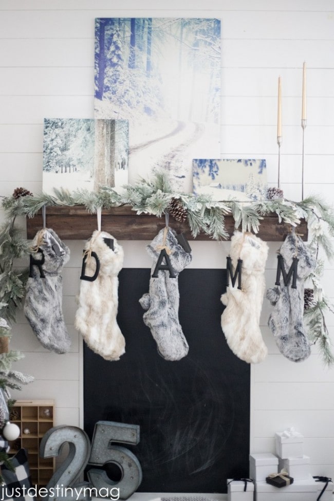 Christmas mantels - winter wonderland mantel with winter paintings and white, grey and silver accents - Christmas Mantel Just Destiny