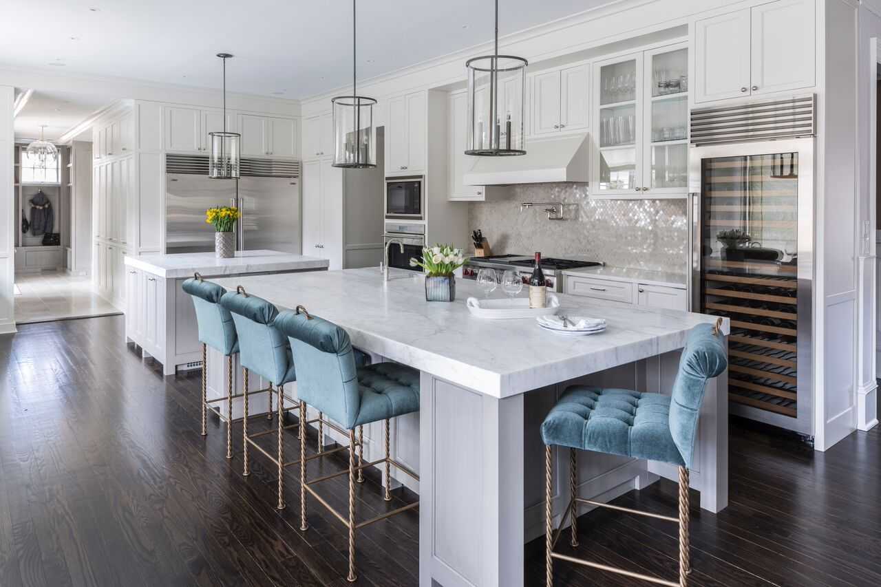 A gorgeous example of using Pantone color of the year serenity in these beautiful barstools.