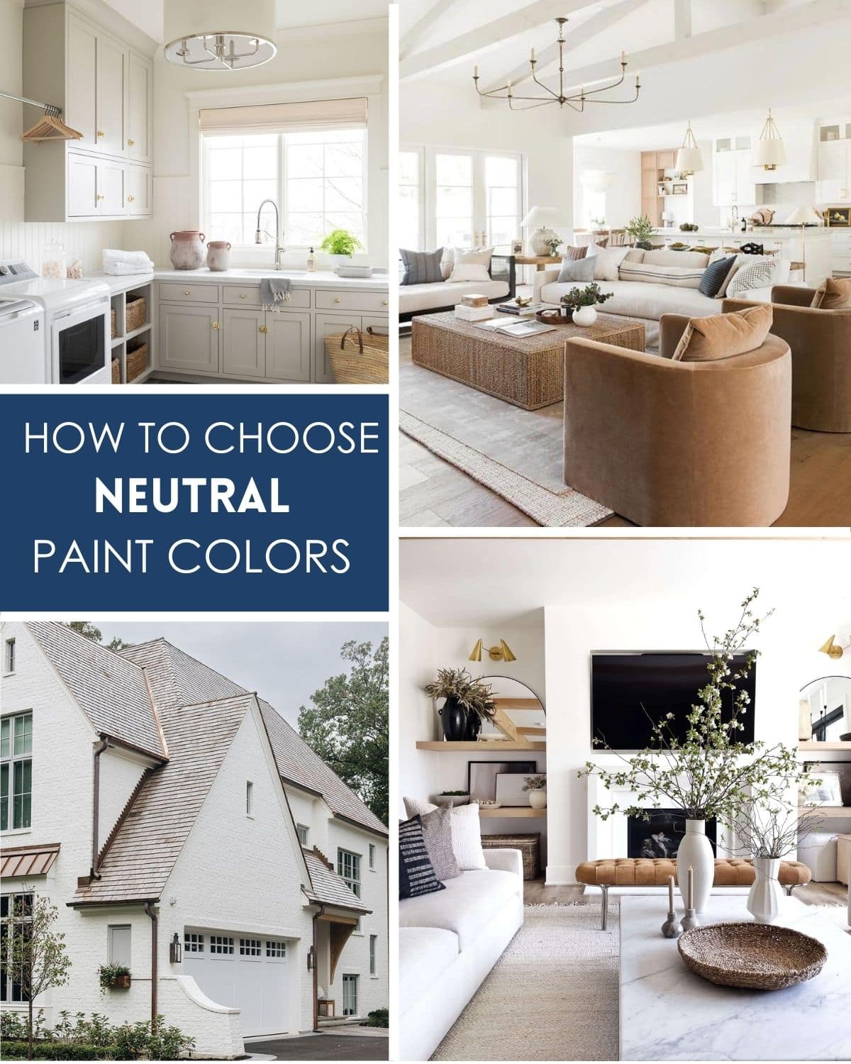 collage of neutral rooms and exteriors with different shades of neutral paint