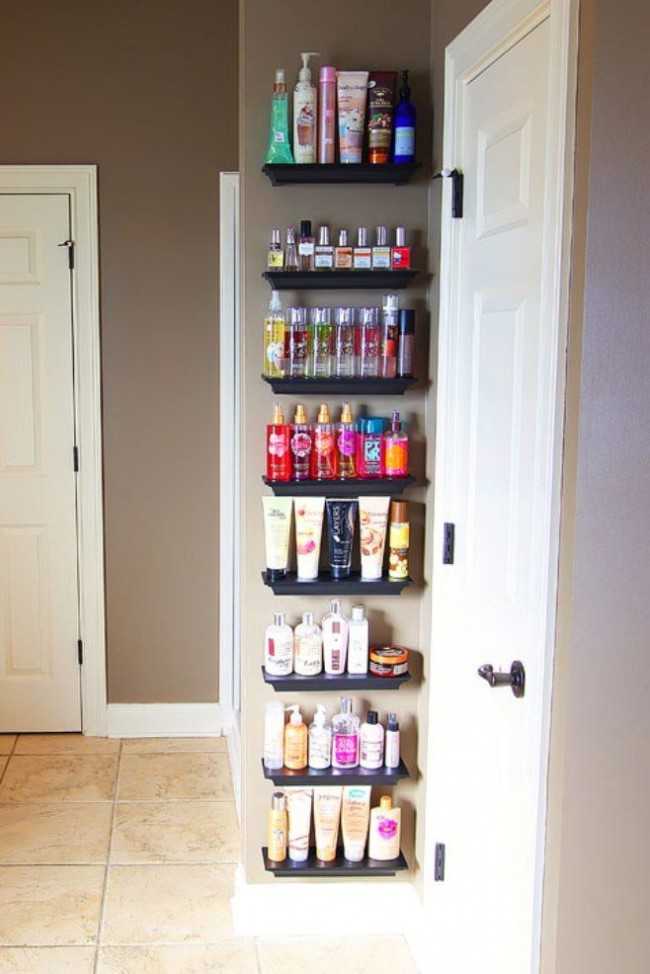 20 Bathroom Organization Ideas via A Blissful Nest, crown molding shelves for lotions and perfumes by Kevin and Amanda