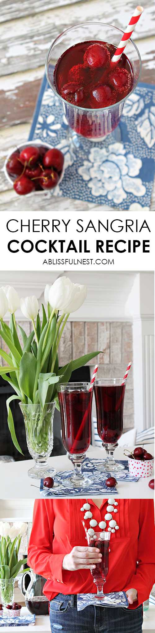 The most delicious and refreshing cherry sangria cocktail recipe! Perfect for your next dinner party with friends. Get the full recipe at ablissfulnest.com