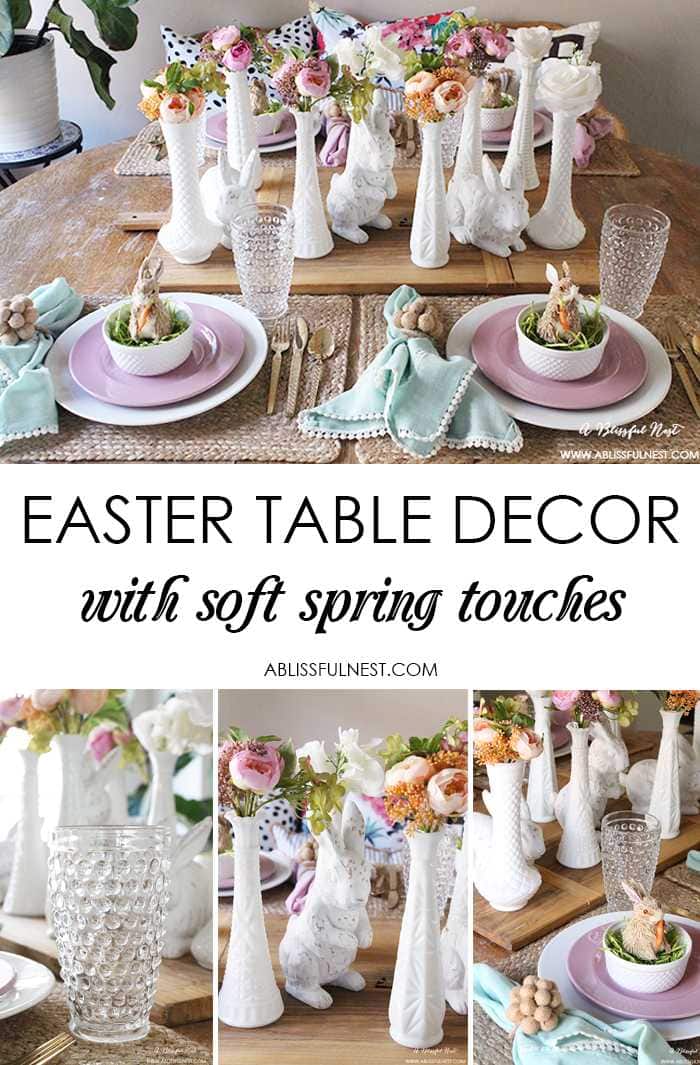 A beautiful and soft Easter table decor setting that is the perfect transition into spring. Soft whites with pops of flowers and pastels makes this Easter table setting perfect for your family! Check out more of this table on ablissfulnest.com