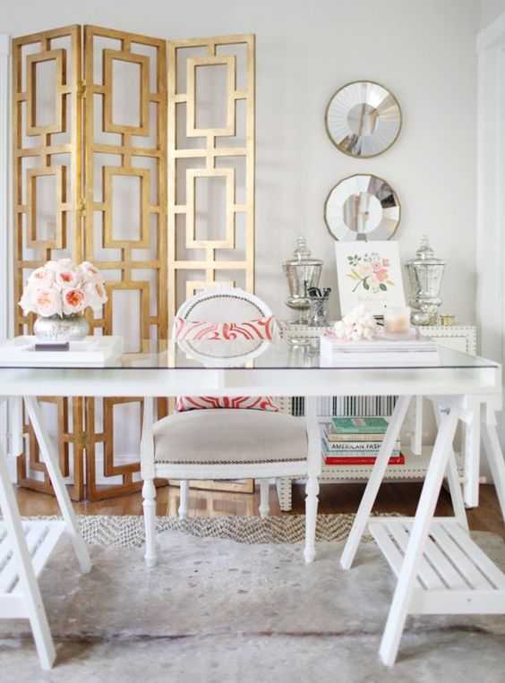 Get the details to recreate this beautiful glam gold office for your own home. We show you how!