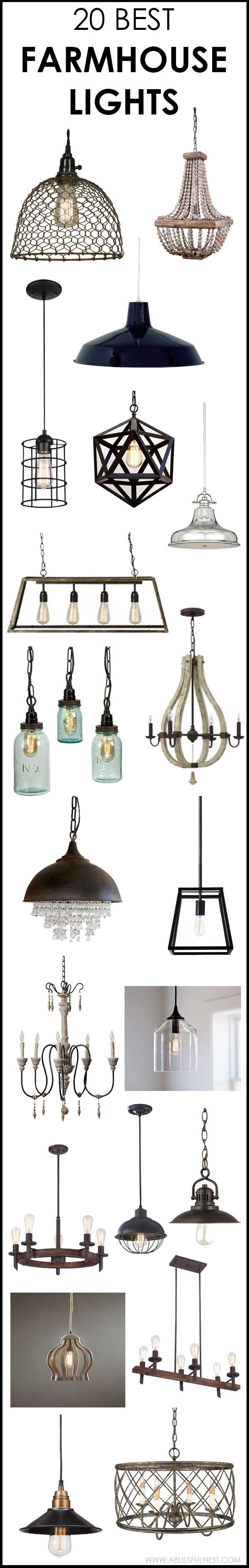 We've got 20 of the best farmhouse lights for you to choose from! If you are looking to get that Fixer Upper style then you will love these industrial lighting choices to get you that vintage farmhouse style. See more on ablissfulnest.com #farmhouse #farmhousestyle #FixerUpper #designtips #vintagelighting #industriallighting