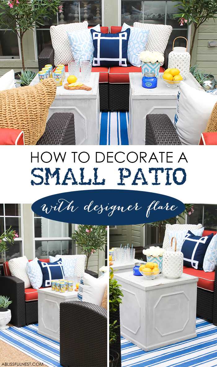 If you've got a small patio then you are not alone. BUT you do not have to sacrifice that designer look because of space issues. We are showing you simple tips to get that designer look with these small patio solutions. Via A Blissful Nest https://ablissfulnest.com #patiodecor #backyarddecor #homedecor #interiordesign #designtips