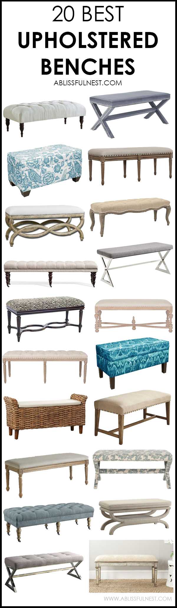 This list is AMAZING. 20 fabulous upholstered benches to choose from by A Blissful Nest. #upholsteredbench #benches #bedroomideas #masterbedroom #designtips #homedecorideas https://ablissfulnest.com/