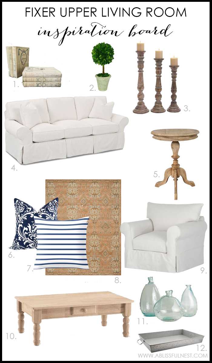 Get the design details of one of our favorite Fixer Upper living rooms! We break down the design to give you tips & hints to recreate this space in your own home with FULL shopping sources. Check out A Blissful Nest for more information! https://ablissfulnest.com/ #fixerupper #farmhouse #farmhousestyle #farmhousedecor