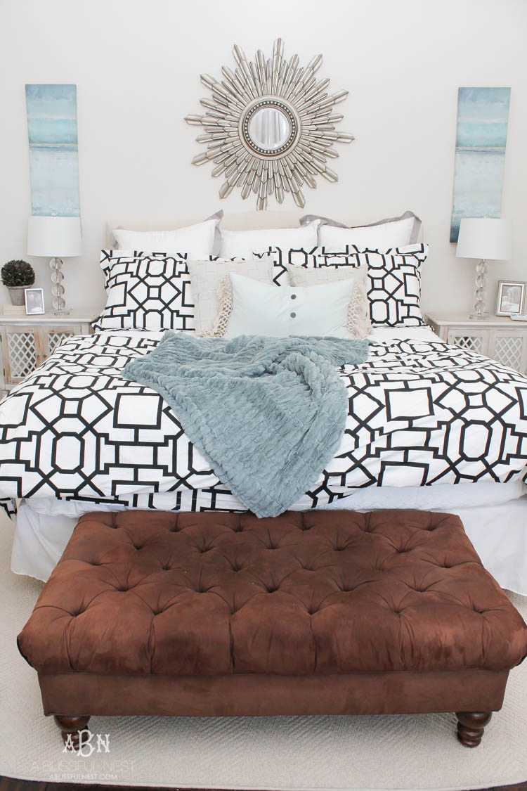 A gorgeous master bedroom reveal with a soft color palette and bold modern touches. Also a great review on gelfoam mattresses by A Blissful Nest. https://ablissfulnest.com/ #masterbedroom #bedroomideas #bedroomdecor