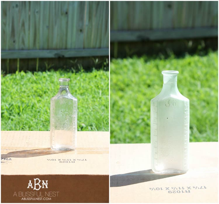 Such an easy tutorial on how to create DIY sea glass bottles using spray paint. Literally 2 steps to get this coastal décor look! See how on https://ablissfulnest.com/ #coastaldecorating #seaglassbottle #designtips #howtomake #diyseaglassbottles