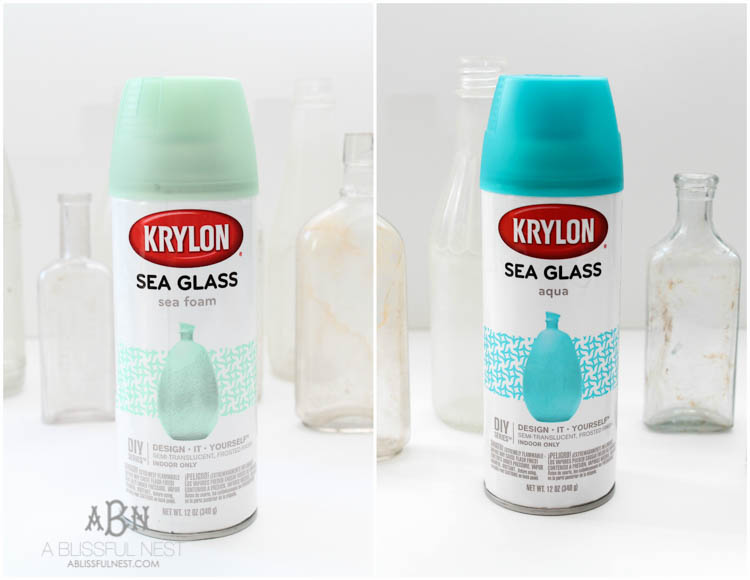 Such an easy tutorial on how to create DIY sea glass bottles using spray paint. Literally 2 steps to get this coastal décor look! See how on https://ablissfulnest.com/ #coastaldecorating #seaglassbottle #designtips #howtomake #diyseaglassbottles