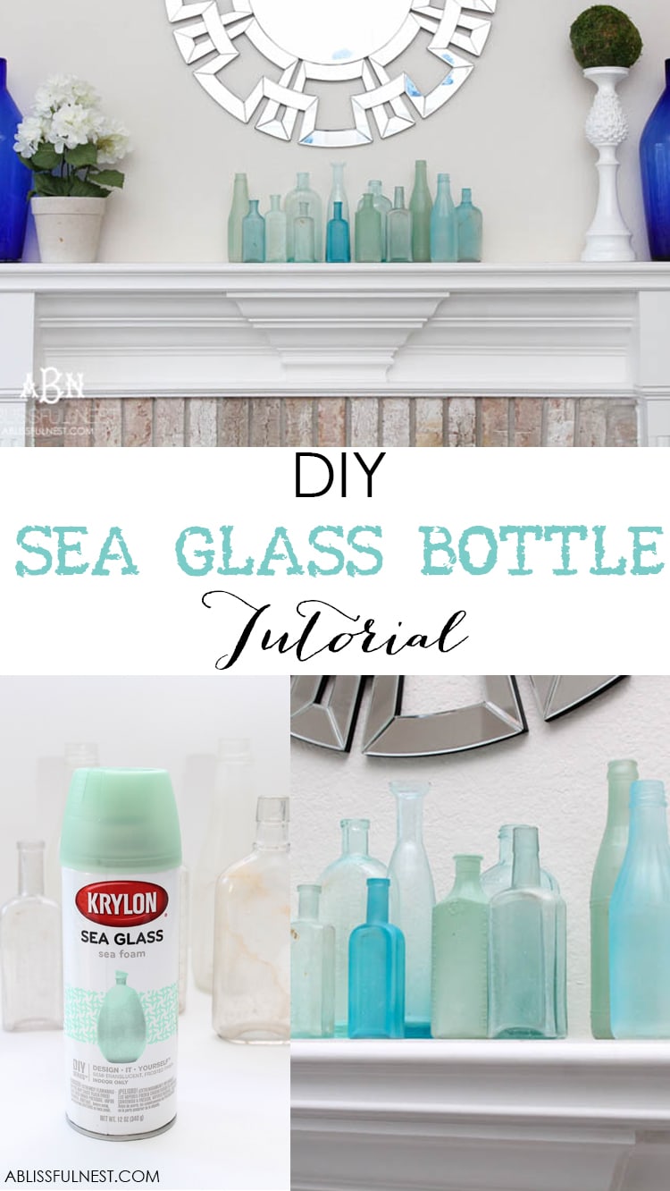 Such an easy tutorial on how to create DIY sea glass bottles using spray paint. Literally 2 steps to get this coastal décor look! See how on https://ablissfulnest.com/ #coastaldecorating #seaglassbottle #designtips #howtomake #diyseaglassbottles