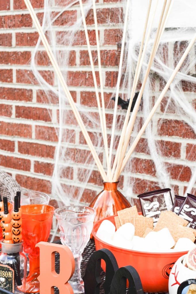 This Halloween Bar Cart isn't only for adults, this adorable cart is kid-friendly and oh so fun! Such a great way to celebrate this fun holiday! https://ablissfulnest.com/ #Halloween #Entertaining #HalloweenParty