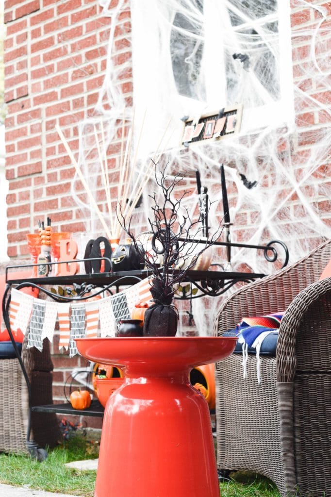 This Halloween Bar Cart isn't only for adults, this adorable cart is kid-friendly and oh so fun! Such a great way to celebrate this fun holiday! https://ablissfulnest.com/ #Halloween #Entertaining #HalloweenParty