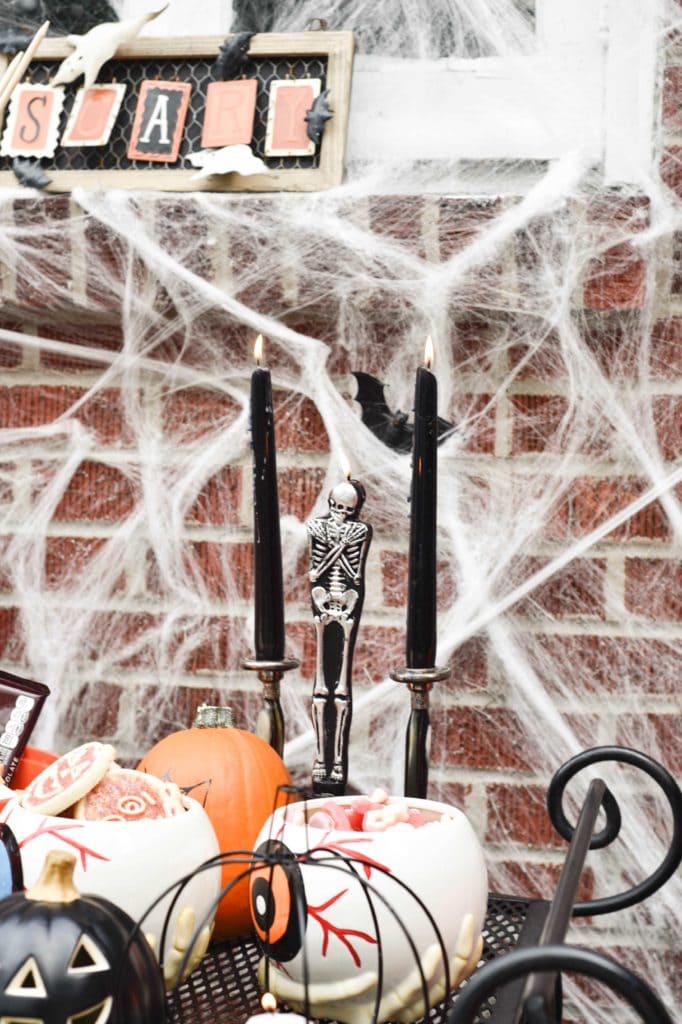 This Halloween Bar Cart isn't only for adults, this adorable cart is kid-friendly and oh so fun! Such a great way to celebrate this fun holiday! https://ablissfulnest.com/ #Halloween #Entertaining #HalloweenParty