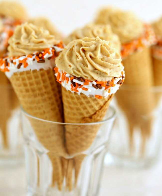 Pumpkin Cannoli Cones |25 Pumpkin Recipes that you need to try this fall! From french toast to cupcakes, there is a pumpkin recipe for everyone! https://ablissfulnest.com/ #pumpkin #recipes #fall
