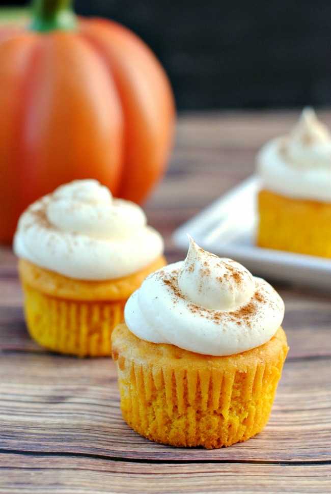 Vanilla Pumpkin Spice Cupcakes |25 Pumpkin Recipes that you need to try this fall! From french toast to cupcakes, there is a pumpkin recipe for everyone! https://ablissfulnest.com/ #pumpkin #recipes #fall