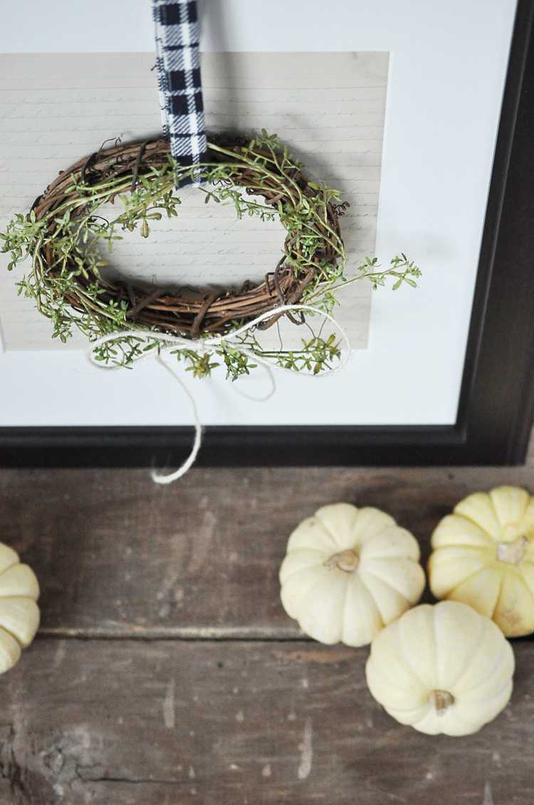 This fall farmhouse mini wreath is a quick and simple project to add a little fall beauty to your homes decor. See more at https://ablissfulnest.com #Fall #FarmhouseDecor #FallWreath