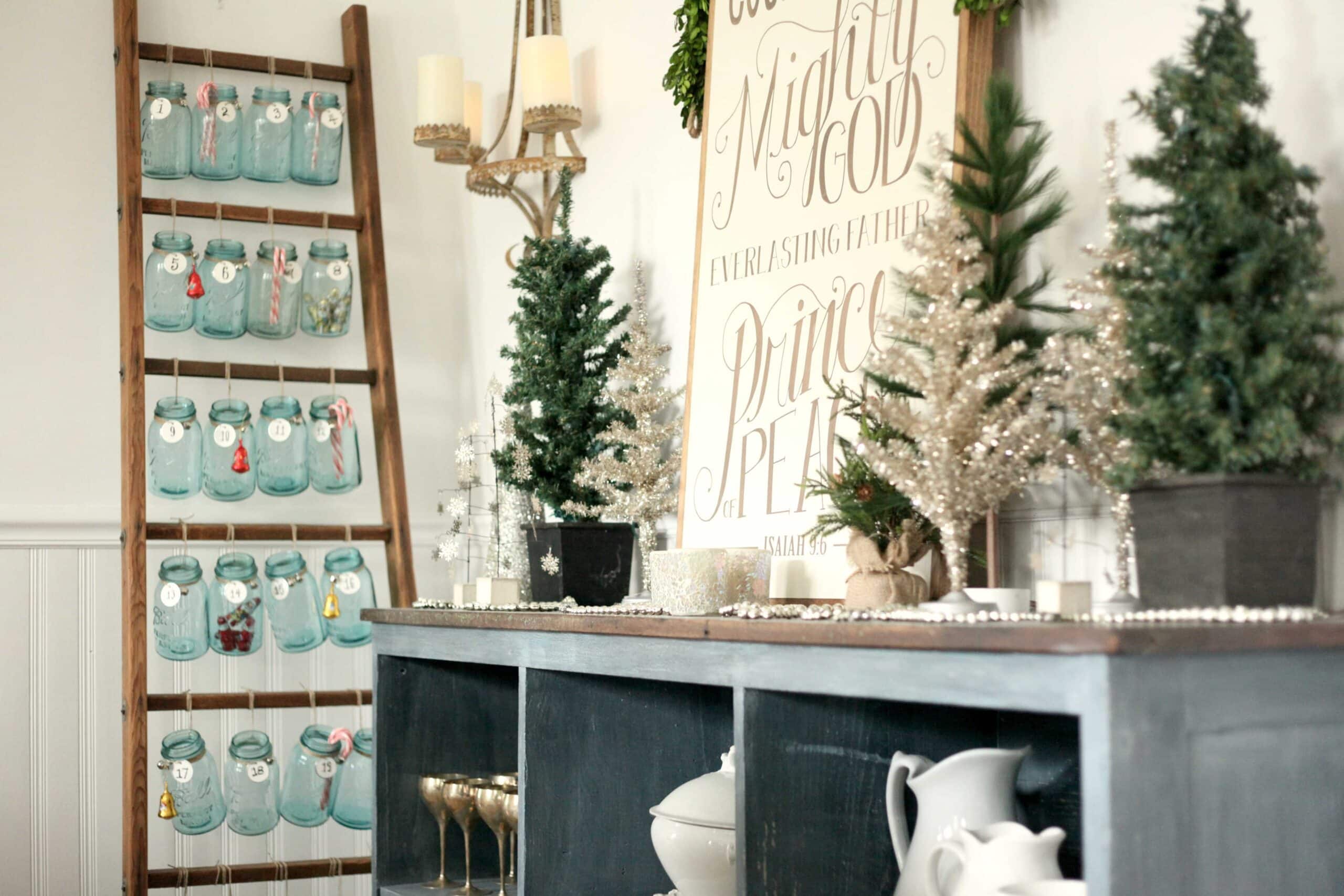 Beautiful Christmas decor using a Vintage Ladder for a Mason Jar Advent Calendar. So festive and fun! See more on https://ablissfulnest.com/ #Christmas #Advent #ChristmasDecor