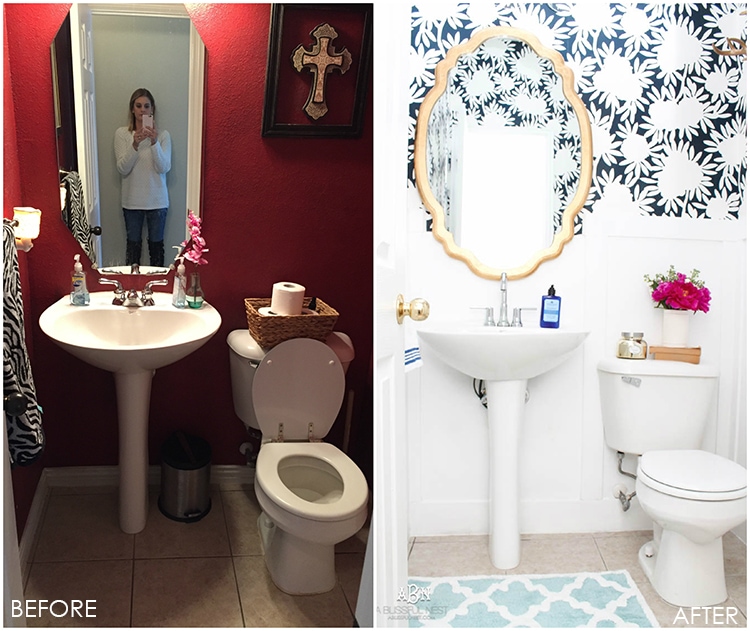 This is such a huge transformation on this bathroom with not many updates. Checkout how with a few simple changes you can get a wow factor bathroom remodel. See more on https://ablissfulnest.com/ #bathroomremodel #bathroommakeover #ad #deltafaucet #deltaliving