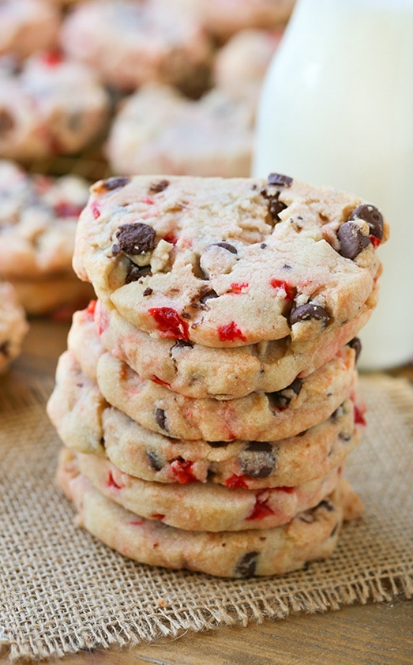 Chocolate Chip Maraschino Cherry Shortbread Cookies, 30 Delicious Christmas Cookie Recipes via A Blissful Nest