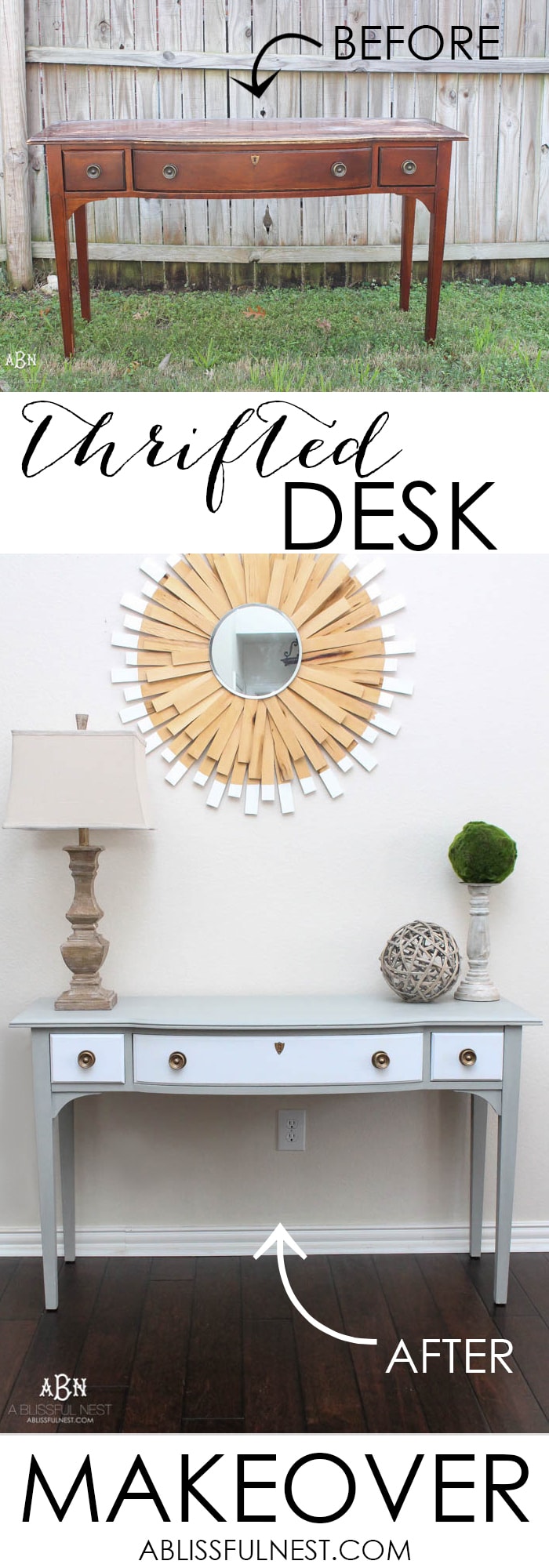 What an amazing before and after on this thrifted desk! Such a great idea. More on https://ablissfulnest.com/ #deskmakeover #chalkfurniturepaint