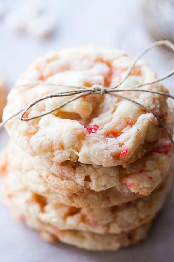 White Chocolate Candy Cane Drop Cookies, 30 Delicious Christmas Cookie Recipes via A Blissful Nest