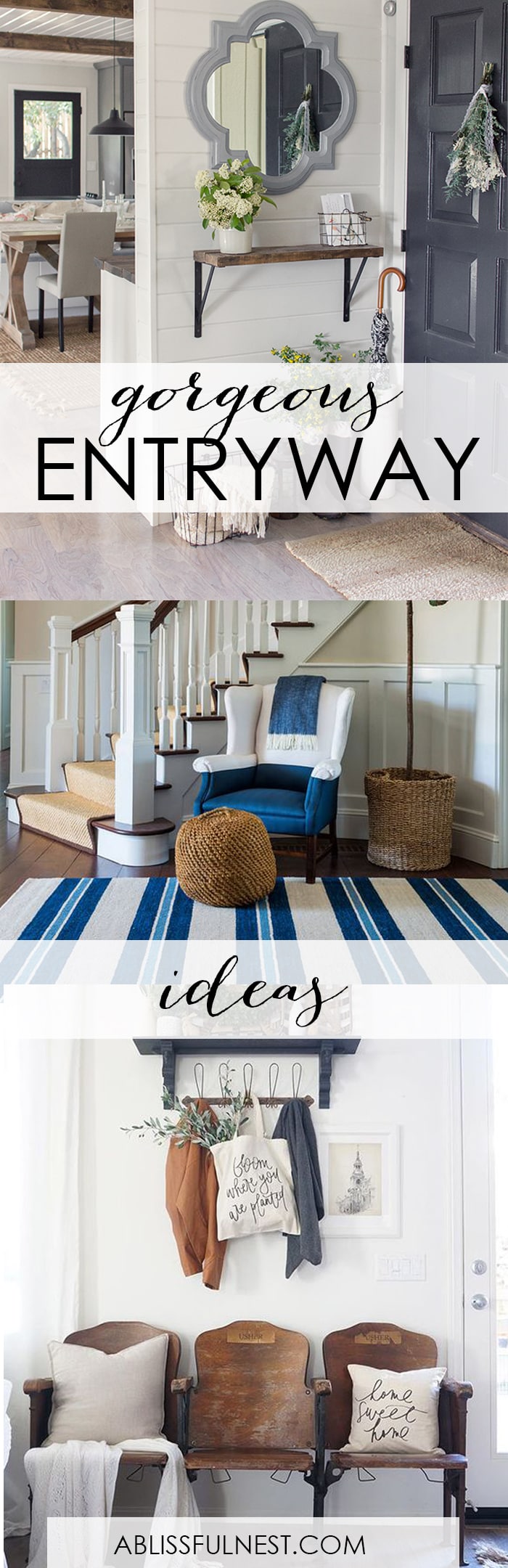 Freshen up your home with these gorgeous entryway ideas! From coastal to farmhouse and modern, these ideas will be sure to inspire you! See more on https://ablissfulnest.com/ #entrywayideas #entryway #entry