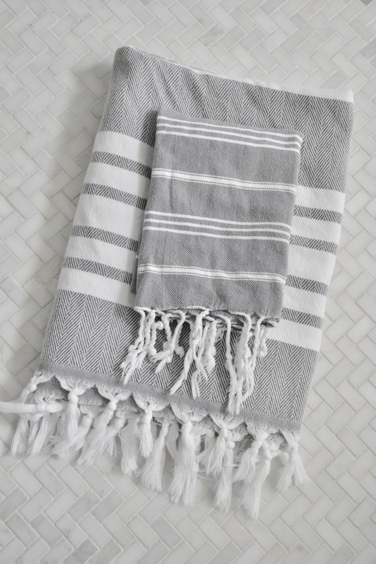 New linens will refresh your home and give you a clean feel! These cool toned grey and white striped hand towels will add simplicity to your home. 