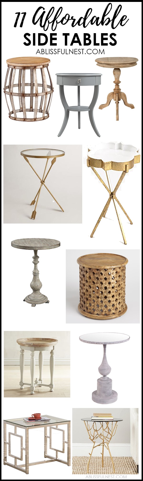 Looking for affordable side tables for your living room? From farmhouse style to a more modern look, there is something for everyone here! See more on https://ablissfulnest.com/ #livingroomdecor #farmhousedecor