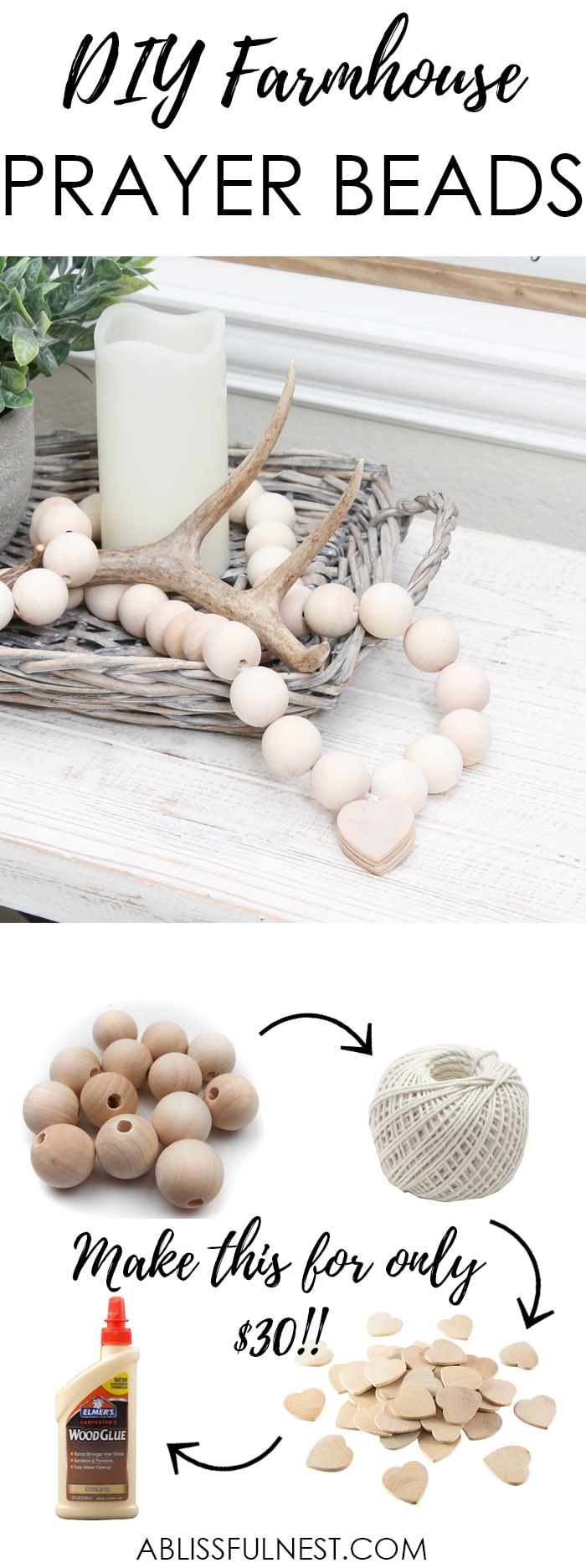 I can not believe how expensive prayer beads normally are! This DIY farmhouse wood prayer beads tutorial is so easy to make and only cost $30. What an amazing and easy DIY Farmhouse decor project! See more on https://ablissfulnest.com/ #farmhousedecor #farmhousestyle