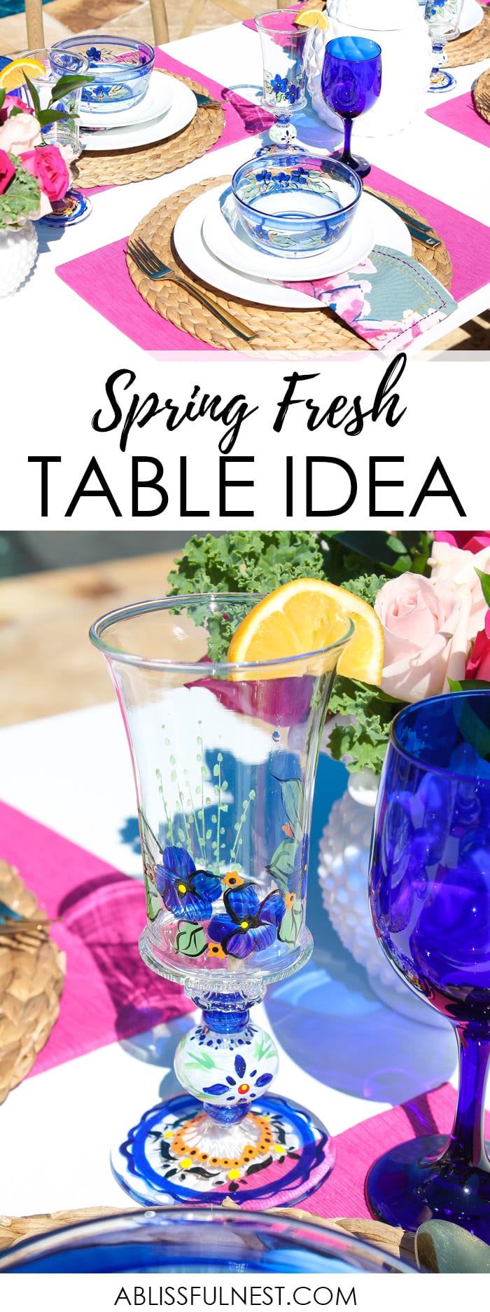 A bright and fresh spring table setting idea perfect for Easter, Mother's Day or a pool party! See more on https://ablissfulnest.com/ #tablesetting #tablescape #springtabledecor