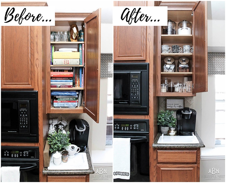 This is such a great idea! Transform a dead cabinet space with these coffee cabinet organization ideas! See more on https://ablissfulnest.com/ #coffee #coffeestation