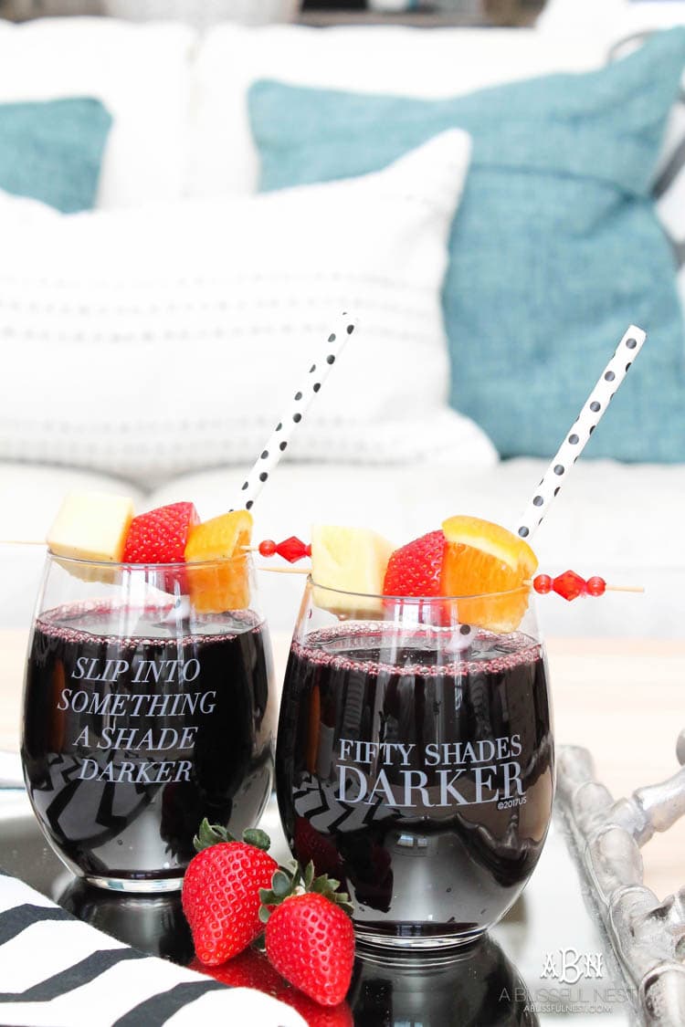 This is such a delicious sangria drink recipe celebrating Girl's Night In and the release of Fifty Shades Darker movie on dvd! See more on https://ablissfulnest.com/ #ad #drinkrecipe #FiftyShadesDarker