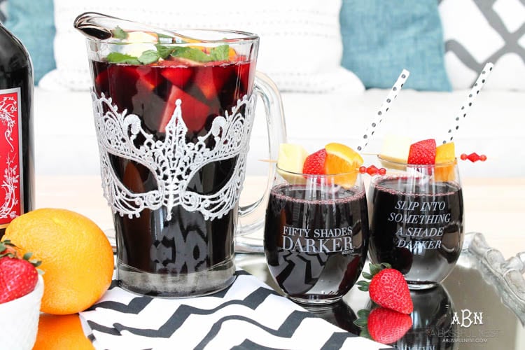 This is such a delicious sangria drink recipe celebrating Girl's Night In and the release of Fifty Shades Darker movie on dvd! See more on https://ablissfulnest.com/ #ad #drinkrecipe #FiftyShadesDarker