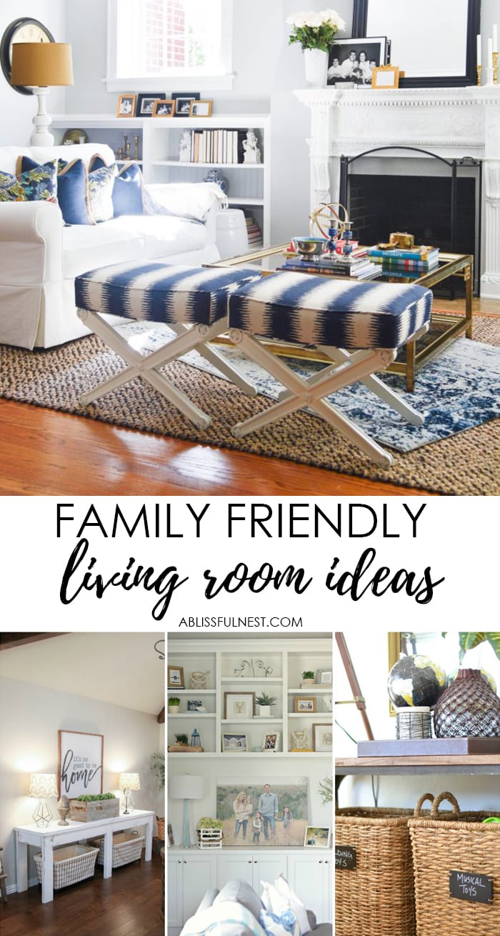 Create a family friendly living room that is still stylish yet kid friendly, head over to https://ablissfulnest.com/ for all the tips! #interiors #livingrooms #kidspaces