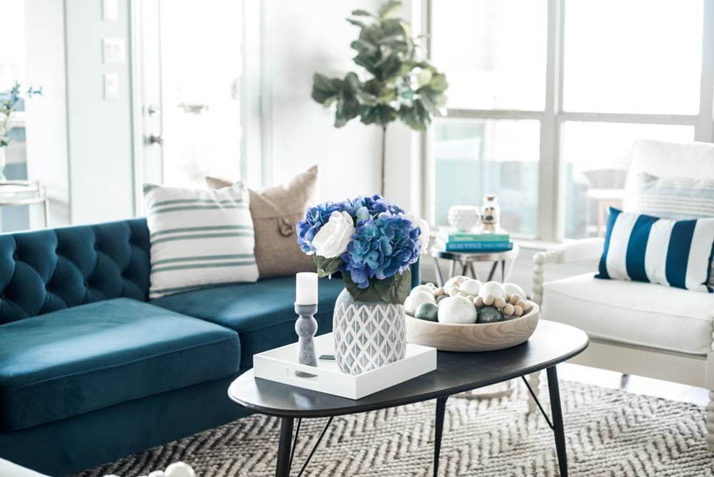 Beautiful coastal living room decor + sources to recreate this living room look. #coastaldecor #livingroomideas #ABlissfulNest #livingroom #coastalhomedecor