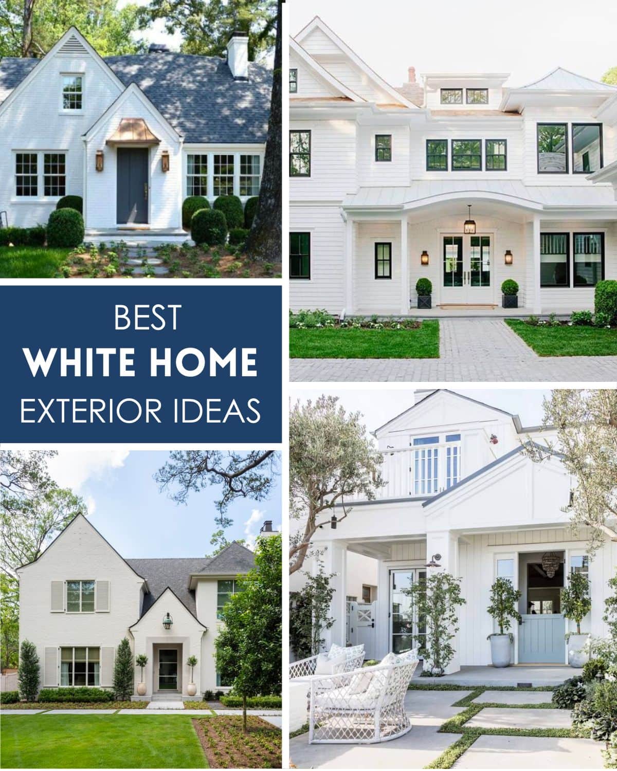 A collection of white exterior homes with varying shades of white paint to show the versatility of the different shades. 