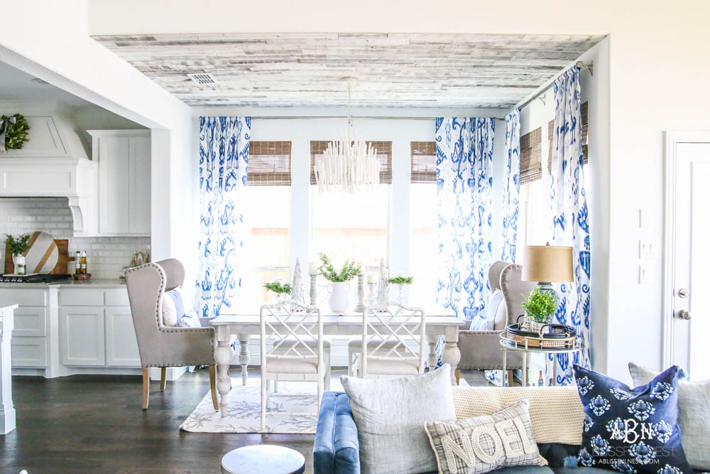 Blue and white breakfast room with coastal farmhouse style. All the sources + details in post! See more on https://ablissfulnest.com #ABlissfulNest #breakfastroom #designtips #diningroom 