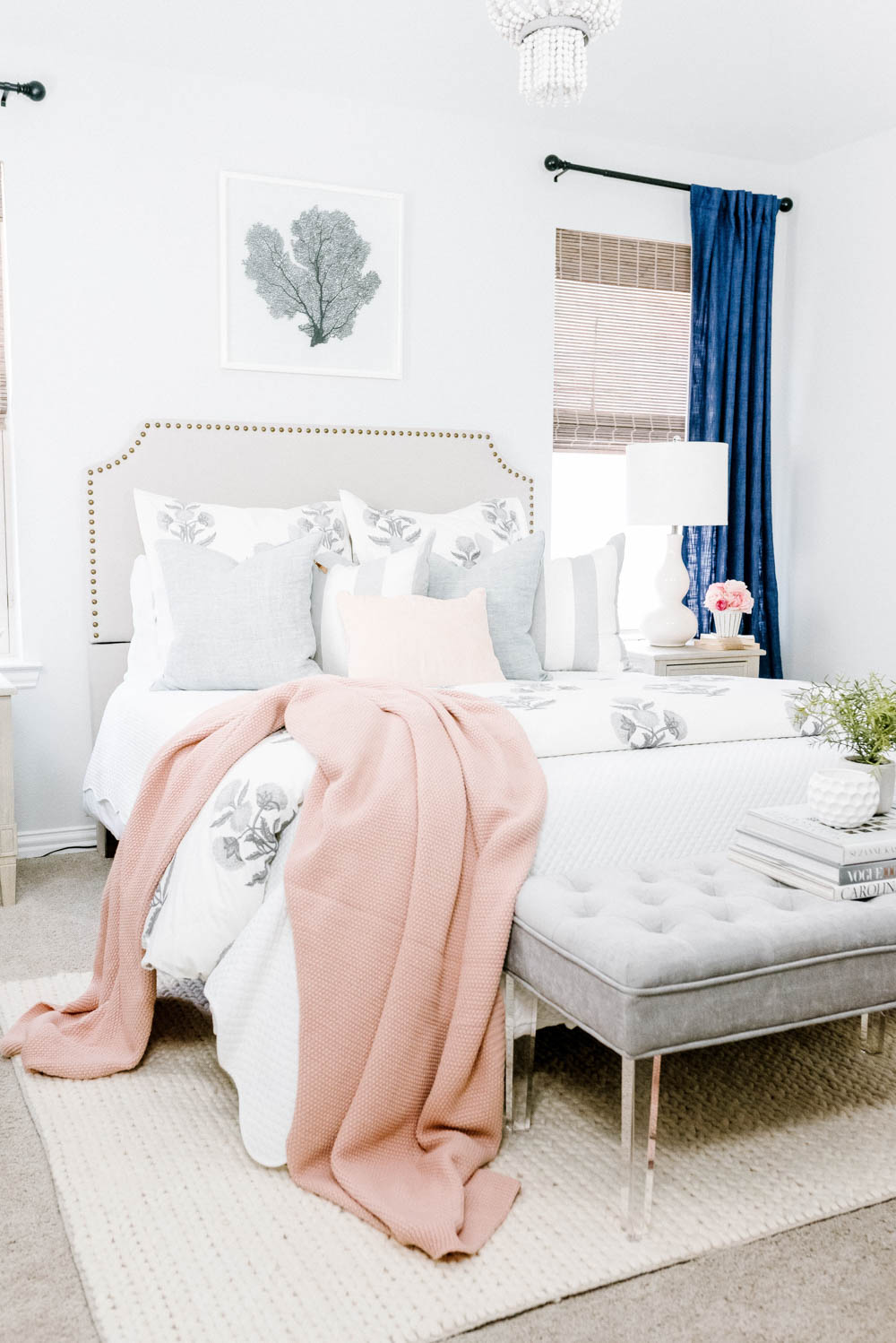 Blue and blush bedroom with navy accents. Summer decorating ideas for a bedroom or a guest bedroom. #ABlissfulNest #summer #guestbedroom #bedroomideas